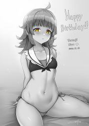 Rule 34 | 1girl, ahoge, arms behind back, artist name, bare arms, bare shoulders, barefoot, bed sheet, bikini, blunt bangs, blunt ends, blush, breasts, character name, collarbone, commentary, commentary request, dated, english commentary, gradient background, grey background, greyscale, happy birthday, highres, light particles, long hair, looking at viewer, love live!, love live! nijigasaki high school idol club, micro bikini, mismatched bikini, mixed-language commentary, monochrome, navel, parted lips, sailor bikini, sailor collar, side-tie bikini bottom, signature, sitting, small breasts, solo, spot color, stomach, string bikini, sweat, swimsuit, tennoji rina, toes, unsfrau, white background, yellow eyes