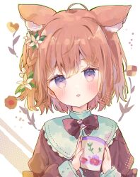 Rule 34 | 1girl, animal ears, blush, braid, brown hair, brown shirt, checkerboard cookie, commentary request, cookie, cup, flower, food, hair flower, hair ornament, hands up, head tilt, heart, highres, holding, holding cup, juliet sleeves, long sleeves, looking at viewer, mug, original, parted lips, puffy sleeves, purple eyes, shirt, solo, thumbprint cookie, tsukiyo (skymint), upper body, white background, white flower
