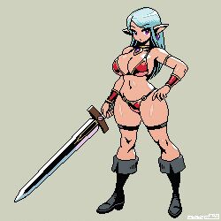 Rule 34 | 1girl, aqua hair, bikini, boots, breasts, cleavage, earrings, full body, hand on own hip, holding, holding sword, holding weapon, jewelry, large breasts, long hair, mabius, navel, original, pixel art, pointy ears, purple eyes, simple background, solo, swimsuit, sword, weapon