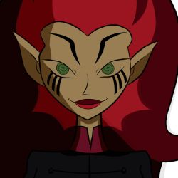 Rule 34 | 1girl, @ @, animated, animated gif, blinking, dark skin, fangs, green eyes, lips, live2d, long hair, looking at viewer, lowres, pointy ears, red hair, red lips, simple background, upper body, white background, wuya, xiaolin showdown