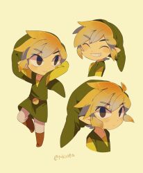 Rule 34 | 1boy, artist name, belt, black eyes, blonde hair, blush, boots, brown belt, brown footwear, closed eyes, closed mouth, commentary request, expressionless, green background, green headwear, green shirt, green tunic, grin, hair between eyes, hat, highres, link, long sleeves, looking at viewer, looking back, male focus, multiple persona, multiple views, nintendo, pointy ears, shirt, short hair, sidelocks, simple background, sitting, smile, teeth, the legend of zelda, the legend of zelda: phantom hourglass, the legend of zelda: spirit tracks, the legend of zelda: the wind waker, tokuura, toon link, tunic, twitter username, u u, v-shaped eyebrows