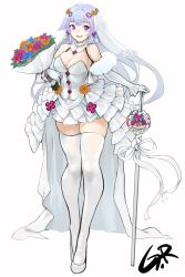 Rule 34 | 1girl, absurdres, blue hair, blush, bouquet, breasts, cleavage, dress, flower, full body, highres, last origin, looking at viewer, purple eyes, rowkiba, simple background, smile, solo, sword, thighhighs, tiamat (last origin), weapon, wedding dress, white background, white thighhighs