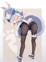 Rule 34 | 1girl, animal ear fluff, animal ears, arm cuffs, ass, bare shoulders, bent over, black gloves, black pantyhose, blue hair, blue hairband, blush, braid, breasts, brown background, carrot, carrot hair ornament, carrot print, coat dress, don-chan (usada pekora), dress, food-themed hair ornament, food print, fur-trimmed gloves, fur trim, gloves, hair ornament, hairband, highres, hikimayu, hololive, hololive fantasy, index finger raised, leaning forward, long hair, looking at viewer, looking back, medium breasts, miakiuehashi, multicolored hair, outside border, pantyhose, rabbit ears, rabbit girl, rabbit tail, red eyes, shoes, short eyebrows, sideboob, sidelocks, smile, solo, standing, strapless, strapless coat, strapless dress, tail, thick eyebrows, thigh gap, thigh strap, twin braids, two-tone hair, usada pekora, usada pekora (1st costume), v, virtual youtuber, white footwear, white hair