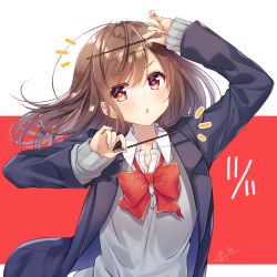 Rule 34 | 1girl, :o, blush, bow, bowtie, brown eyes, brown hair, cardigan, commentary request, dated, food, grey cardigan, highres, kisukekun, long sleeves, original, pocky, pocky day, red bow, red bowtie, school uniform, shirt, short hair, solo, white shirt