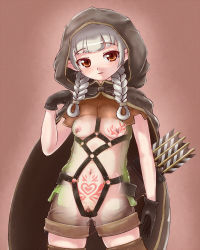 Rule 34 | 1girl, arrow (projectile), bdsm, belt, blush, braid, breasts, brown eyes, censored, clitoris piercing, cloak, dildo, dildo harness, dragon&#039;s crown, elf, elf (dragon&#039;s crown), gloves, grey hair, harness, hood, looking at viewer, monugaeru, navel, navel piercing, nipple piercing, nipples, piercing, pointy ears, pubic tattoo, pussy, pussy piercing, quiver, sex toy, shorts, slave, smile, solo, standing, tattoo, twin braids, x-ray