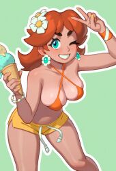 Rule 34 | 1girl, bare shoulders, bikini, bikini top only, blue eyes, breasts, brown hair, cleavage, earrings, flower earrings, freckles, grin, halterneck, highres, holding food, holding ice cream, ice cream, jewelry, large breasts, looking at viewer, mario (series), navel, nintendo, one eye closed, open mouth, princess daisy, riz, short shorts, shorts, smile, super mario land, swimsuit, teeth, thighs