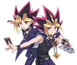 Rule 34 | 2boys, :d, bare arms, bare shoulders, belt, black belt, black shirt, blonde hair, blue cape, blue jacket, blue pants, cape, card, chain, chain necklace, collarbone, dark magician, duel disk, dyed bangs, highres, holding, jacket, jewelry, male focus, millennium puzzle, multicolored hair, multiple boys, muto yugi, necklace, nemu mohu, open mouth, pants, purple eyes, shirt, simple background, smile, spiked hair, two-tone hair, white background, yami yugi, yu-gi-oh!, yu-gi-oh! duel monsters