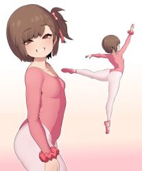 Rule 34 | 1girl, absurdres, artist request, ass, ballerina, brown hair, highres, leotard, pantyhose, pink leotard, side ponytail, source request, white pantyhose