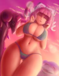 Rule 34 | 1girl, 2others, ass, bare legs, bare shoulders, bikini, breasts, cleavage, closed eyes, creatures (company), everyone, game freak, gen 1 pokemon, gen 5 pokemon, highres, huge ass, klara (pokemon), large breasts, looking at viewer, mole, mole under mouth, multiple others, navel, nintendo, pink hair, pokemon, pokemon swsh, saf-404, scolipede, shiny skin, simple background, sky, slowbro, swimsuit, thong bikini, wide hips