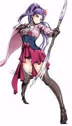 Rule 34 | 10s, 1girl, alternate costume, asymmetrical clothes, ayame (kabaneri), black gloves, blunt bangs, boots, bow, bowtie, breasts, brown footwear, brown thighhighs, corset, flower, foreshortening, gloves, hair flower, hair ornament, head tilt, jon tw, koutetsujou no kabaneri, large breasts, long sleeves, looking at viewer, panties, pantyshot, pleated skirt, ponytail, purple eyes, purple hair, red flower, red skirt, simple background, sketch, skirt, solo, standing, thigh boots, thighhighs, underwear, upskirt, walking, white background, white bow, white bowtie, white panties, wide sleeves, yomogawa ayame