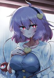 Rule 34 | 1girl, :d, ahoge, breasts, bright pupils, collarbone, hair ornament, hairband, hand on own chest, hand up, heart, heart hair ornament, highres, komeiji satori, large breasts, light smile, looking at viewer, open mouth, parted lips, purple hair, rain, red eyes, scavia10, smile, solo, third eye, touhou, upper body, white pupils