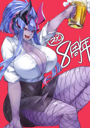Rule 34 | 1girl, absurdres, alcohol, arm up, beer, beer mug, black skirt, blue hair, breasts, center opening, choker, cleavage, collared shirt, colored skin, cup, dress shirt, fate/grand order, fate (series), fishnet pantyhose, fishnets, grey skin, gumi (the eye of darkness), hair between eyes, hair bun, hair ornament, hair scrunchie, highres, horns, huge breasts, ibuki douji (event portrait) (fate), ibuki douji (fate), long hair, long sleeves, looking at viewer, makeup, mug, multicolored hair, office lady, one eye closed, oni, oni horns, open mouth, pantyhose, pencil skirt, pink hair, red eyes, scrunchie, shirt, sidelocks, single hair bun, skirt, smile, solo, translation request, white shirt