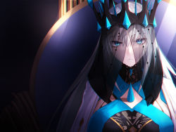 Rule 34 | 1girl, black bow, black dress, blue eyes, bow, braid, breasts, crown, dress, fate/grand order, fate (series), french braid, grey hair, hair bow, large breasts, long hair, long sleeves, looking at viewer, minami koyogi, morgan le fay (fate), morgan le fay (queen of winter) (fate), ponytail, sidelocks, solo, spikes, two-tone dress, veil, very long hair, white dress