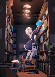 Rule 34 | 1girl, absurdres, black footwear, blue dress, blue eyes, book, bookshelf, commentary request, dress, full body, globe, hair ornament, highres, holding, holding book, honkai (series), honkai impact 3rd, indoors, library, long hair, long sleeves, revision, side ponytail, solo, standing, theresa apocalypse, theresa apocalypse (valkyrie pledge), thighhighs, white thighhighs, wood cube