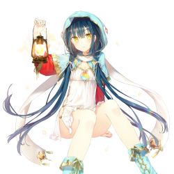 Rule 34 | 1girl, black hair, boots, capelet, dress, hair ribbon, hood, lantern, long hair, looking at viewer, low twintails, no panties, original, ribbon, simple background, sitting, solo, tika (mika4975), twintails, very long hair, white background, yellow eyes