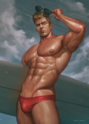 Rule 34 | 1boy, abs, absurdres, adjusting eyewear, arm up, armpit hair, armpits, artist name, aviator sunglasses, bara, biceps, blonde hair, bulge, carrying, carrying under arm, chest hair, commentary, contrapposto, cowboy shot, earrings, english commentary, facial hair, facial scar, glint, green eyes, groin, hand on eyewear, highres, holding, holding surfboard, hoop earrings, jewelry, large pectorals, leg hair, lips, looking at viewer, male focus, male swimwear, muscular, muscular male, navel, navel hair, nickakito, nipples, nose, original, outdoors, parted lips, pectorals, realistic, red male swimwear, removing eyewear, scar, scar on cheek, scar on chest, scar on face, scar on stomach, shiny skin, short hair, solo, sparse leg hair, standing, stubble, sunglasses, surfboard, swim briefs, wet, wet male swimwear