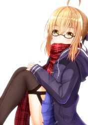 Rule 34 | 1girl, absurdres, ahoge, artoria pendragon (fate), black-framed eyewear, black ribbon, black thighhighs, blonde hair, blue coat, blue skirt, coat, fate/grand order, fate (series), from side, garter straps, glasses, hair ribbon, hand on own knee, highres, hood, hood down, hooded coat, looking at viewer, miniskirt, mitsu336, mysterious heroine x alter (fate), mysterious heroine x alter (first ascension) (fate), open clothes, open coat, plaid, plaid scarf, pleated skirt, red scarf, ribbon, scarf, semi-rimless eyewear, short hair with long locks, sidelocks, simple background, sitting, skirt, solo, thighhighs, under-rim eyewear, white background, yellow eyes