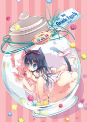 Rule 34 | 2girls, animal ears, ass, bad id, bad pixiv id, bare legs, bare shoulders, barefoot, black hair, blue eyes, bow, candy, cat ears, cat girl, cat tail, chemise, female focus, flask, food, hair bow, hair ribbon, holding hands, interlocked fingers, jar, konpeitou, legs, long hair, mini person, minigirl, mitaringo, multiple girls, no pants, original, panties, pink eyes, pink hair, rabbit ears, ribbon, short hair, strap slip, tail, tail bow, tail ornament, underwear, underwear only