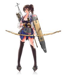 Rule 34 | 10s, 1girl, bad id, bad pixiv id, black thighhighs, bow (weapon), breasts, brown eyes, brown hair, cleavage, fuya (tempupupu), kaga (kancolle), kantai collection, large breasts, short hair, side ponytail, simple background, solo, temp (artist), thighhighs, thighs, torn clothes, weapon, white background