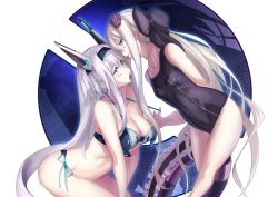 Rule 34 | 2girls, bikini, blue eyes, breasts, cave (developer), cleavage, company connection, crossover, dodonpachi, dodonpachi saidaioujou, ere (2516325), gothic wa mahou otome, gradient background, large breasts, licking, long hair, maria (saidaioujou), multiple girls, piece, purple eyes, rosalie (gothic wa mahou otome), rozari (gothic wa mahou otome), shiny skin, side-tie bikini bottom, small breasts, strap pull, swimsuit, twintails, white hair, yuri