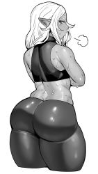 Rule 34 | 1girl, arched back, ass, bare shoulders, breath, butt crack, dark skin, dark-skinned female, elf-san wa yaserarenai., from behind, greyscale, highres, huge ass, kuroeda (elf-san wa yaserarenai.), long hair, looking back, looking down, mole, mole under eye, monochrome, pointy ears, simple background, solo, strapless, sweat, synecdoche, thick thighs, thighs, tube top, white background