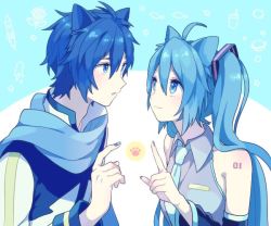 Rule 34 | 1boy, 1girl, akiyoshi (tama-pete), animal ears, bare shoulders, blue background, blue eyes, blue hair, blue nails, blue neckwear, blue scarf, blue theme, cat ears, close-up, closed mouth, coat, collared shirt, detached sleeves, eye contact, eyelashes, face-to-face, fingernails, grey shirt, hair between eyes, hand up, hatsune miku, high collar, index finger raised, kaito (vocaloid), kemonomimi mode, long hair, looking at another, nail polish, necktie, number tattoo, pale skin, parted lips, scarf, shiny skin, shirt, shoulder tattoo, simple background, sleeveless, sleeveless shirt, smile, tareme, tattoo, twintails, two-tone background, upper body, very long hair, vocaloid, white background, white coat