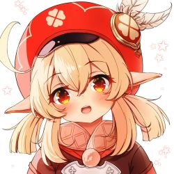 Rule 34 | 1girl, ahoge, blush, cabbie hat, commentary request, dress, feathers, genshin impact, hair between eyes, hat, hat feather, head tilt, klee (genshin impact), long hair, looking at viewer, low twintails, open mouth, pointy ears, red dress, red eyes, red hat, sidelocks, solo, star (symbol), starry background, teeth, twintails, upper body, upper teeth only, white background, white feathers, zhai mu q