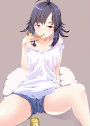 Rule 34 | 1girl, ahoge, amasora taichi, arm support, black hair, can, eating, food, food in mouth, looking at viewer, original, pizza, purple eyes, sexually suggestive, short hair, shorts, sitting, solo, spread legs