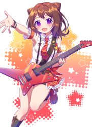 Rule 34 | 1girl, :d, absurdres, bang dream!, black shorts, black socks, breasts, brown hair, collared shirt, commentary request, cone hair bun, electric guitar, guitar, hair bun, high heels, highres, holding, holding instrument, instrument, kaoling, long hair, looking at viewer, necktie, open mouth, outstretched arm, pleated skirt, purple eyes, red footwear, red necktie, red skirt, shirt, short shorts, shorts, showgirl skirt, skirt, sleeveless, sleeveless shirt, small breasts, smile, socks, solo, standing, standing on one leg, star (symbol), starry background, suspender skirt, suspenders, toyama kasumi, white shirt