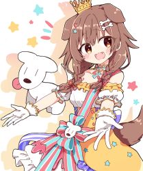 Rule 34 | 1girl, :d, animal ears, blush, bone hair ornament, braid, brown eyes, brown hair, commentary, crown, dog, dog ears, dog girl, dog tail, dress, fang, frilled dress, frills, gloves, hair between eyes, hair ornament, hair over shoulder, hairclip, heart, heart hair ornament, hololive, hoso-inu, inugami korone, inugami korone (1st costume), inugami korone (saikyo tensai wonderful world of korone), long hair, low twin braids, off-shoulder dress, off shoulder, official alternate costume, open mouth, rabiiandrain, smile, solo, star (symbol), star hair ornament, symbol-only commentary, tail, tilted headwear, twin braids, underbust, virtual youtuber, white dress, white gloves, wrist cuffs, yellow dress