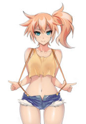 Rule 34 | 1girl, cameltoe, collarbone, creatures (company), crop top, game freak, hevn, highres, looking at viewer, midriff, misty (pokemon), navel, nintendo, open fly, orange hair, pokemon, pokemon (anime), short shorts, shorts, side ponytail, simple background, smile, solo, suspenders, suspenders pull, tank top, thigh gap, white background