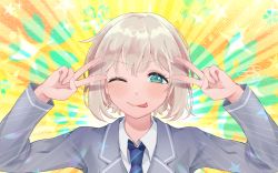 Rule 34 | 1girl, ;p, aoba moca, bang dream!, blue eyes, blush, bob cut, collared shirt, commentary, dated, double v, drop shadow, egasumi, emotional engine - full drive, emphasis lines, fate/grand order, fate (series), floral background, green background, grey hair, grey jacket, hands up, haneoka school uniform, highres, jacket, light rays, looking at viewer, multicolored background, necktie, one eye closed, orange background, parody, school uniform, seigaiha, shachiku niku, shirt, short hair, sidelocks, signature, smile, solo, sparkle, star (symbol), starry background, striped necktie, striped neckwear, symbol-only commentary, tongue, tongue out, upper body, v, v over eye, white shirt, yellow background