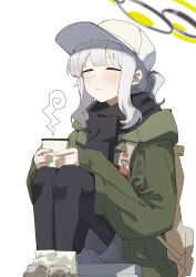 Rule 34 | 1girl, absurdres, backpack, bag, black pantyhose, black scarf, blue archive, blush, closed eyes, closed mouth, green jacket, grey footwear, grey hair, grey shorts, halo, hare (blue archive), hare (camp) (blue archive), hat, highres, hood, hood down, hooded jacket, jacket, long hair, long sleeves, namae kunn, official alternate costume, pantyhose, ponytail, scarf, shoes, shorts, simple background, solo, white background, white hat