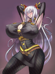Rule 34 | 1girl, armpits, arms behind head, arms up, blush, breasts, cleavage, covered erect nipples, female focus, huge breasts, long hair, military, military uniform, pink eyes, selvaria bles, senjou no valkyria (series), silver hair, solo, standing, straining buttons, uniform, very long hair, zetarok