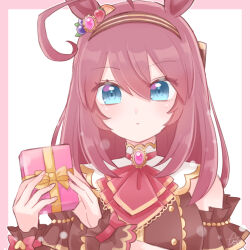 Rule 34 | 1girl, ahoge, animal ears, anko maccha, ascot, black hairband, blue eyes, border, box, brooch, brown dress, brown hair, closed mouth, clothing cutout, commentary, dress, ear ornament, frilled cuffs, frilled sleeves, frills, gift, gift box, hairband, high collar, holding, holding gift, horse ears, horse girl, jewelry, light frown, long hair, looking at viewer, mihono bourbon (code:glassage) (umamusume), mihono bourbon (umamusume), pink border, red ascot, short sleeves, shoulder cutout, solo, umamusume
