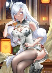 Rule 34 | 1girl, alternate costume, bare shoulders, blue nails, breasts, china dress, chinese clothes, cleavage, cleavage cutout, clothing cutout, commentary request, dress, feather boa, feet out of frame, fireworks, food, genshin impact, grey thighhighs, hair ornament, hand fan, hand up, highres, holding, holding fan, holding food, indoors, large breasts, linreplica, long hair, looking at viewer, moon, mooncake, nail polish, night, night sky, paper fan, shenhe (genshin impact), sitting, sky, sleeveless, sleeveless dress, solo, swept bangs, thighhighs, thighs, uchiwa, very long hair, white dress, white hair