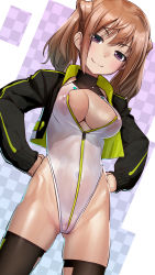Rule 34 | 1girl, :3, alice gear aegis, brown hair, cameltoe, closed mouth, commentary request, hands on own hips, highres, jacket, kimikage yui, leggings, leotard, purple eyes, sasayuki, skindentation, smile, solo, twintails
