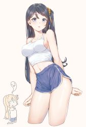 Rule 34 | 2girls, bare arms, bare shoulders, black hair, blonde hair, blue eyes, blue shorts, breasts, camisole, collarbone, commentary request, cropped legs, dolphin shorts, emilia (krt girls), fangxiang cuoluan, giving up the ghost, hair ornament, highres, krt girls, lever, long hair, looking at viewer, medium breasts, midriff, multiple girls, navel, one side up, parted lips, purple eyes, shirt, short shorts, shorts, simple background, sleeveless, sleeveless shirt, thighs, white background, white shirt, xiao qiong