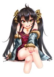 Rule 34 | 1girl, absurdres, animal print, bare shoulders, black hair, blush, camisole, chain, coat, commentary, cropped legs, fur trim, gold chain, hair between eyes, hair ribbon, heart, heart necklace, highres, idolmaster, idolmaster cinderella girls, jewelry, crossed legs, leopard print, long hair, looking at viewer, matoba risa, misairu, nail polish, necklace, off shoulder, open mouth, pendant, pink nails, ribbon, sidelocks, simple background, sitting, skirt, smile, solo, strapless, twintails, white background, yellow eyes