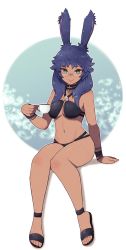 Rule 34 | 1girl, warrior of light (ff14), bad id, bad twitter id, bikini, black bikini, blue hair, blush, breasts, cleavage, closed mouth, commission, cup, dark-skinned female, dark skin, final fantasy, final fantasy xiv, flip-flops, glasses, green eyes, halterneck, highres, holding, holding cup, invisible chair, lamb-oic029, large breasts, long hair, looking at viewer, messy hair, navel, original, round eyewear, sandals, sitting, smile, solo, swimsuit, teacup