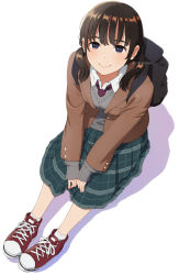 Rule 34 | 1girl, backpack, bag, black eyes, blazer, blush, brown hair, brown jacket, closed mouth, collared shirt, dress shirt, eyebrows hidden by hair, from above, full body, grey skirt, grey sweater, hair over shoulder, jacket, long sleeves, looking at viewer, looking up, low twintails, mattaku mousuke, necktie, open clothes, open jacket, original, pleated skirt, purple necktie, red footwear, shadow, shirt, shoes, skirt, sleeves past wrists, smile, socks, solo, sweater, twintails, white background, white shirt, white socks