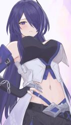 Rule 34 | 1girl, absurdres, acheron (honkai: star rail), armpit crease, artist name, black gloves, black shorts, blue eyes, blue hair, blush, breasts, claw ring, closed mouth, commentary, elbow gloves, gloves, hair over one eye, hand on own hip, highres, honkai: star rail, honkai (series), large breasts, looking at viewer, midriff, multicolored background, navel, shorts, simple background, single bare shoulder, solo, stomach, symbol-only commentary, upper body, white background, zinkaa