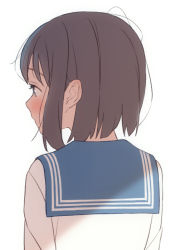 Rule 34 | 1girl, back, blue sailor collar, blush, bob cut, brown eyes, brown hair, closed mouth, commentary, from behind, hair strand, highres, looking away, messy hair, natuich, original, sailor collar, school uniform, serafuku, shirt, short hair, simple background, solo, upper body, white background, white shirt