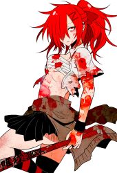 Rule 34 | 1girl, asymmetrical legwear, bags under eyes, baseball bat, black skirt, black thighhighs, blood, blood on clothes, blood on face, bloody weapon, bow, breasts, clothes around waist, female focus, hair bow, hair ornament, hair over one eye, hairclip, highres, itoshiki eru, jacket, jacket around waist, long hair, medium breasts, monster parade, open clothes, open shirt, original, red bow, red eyes, red hair, sarashi, simple background, skirt, solo, striped clothes, striped thighhighs, thighhighs, uneven legwear, weapon, white background, wristband