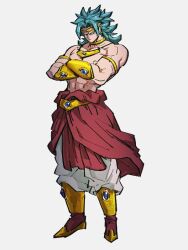 Rule 34 | 1boy, armlet, blue eyes, blue hair, broly (dragon ball z), closed mouth, crossed arms, dragon ball, dragonball z, full body, gold, kemachiku, looking at viewer, male focus, muscular, muscular male, pants, simple background, solo, standing, super saiyan, super saiyan 1, topless male, white pants