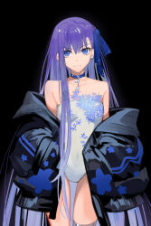 Rule 34 | 1girl, arlizi, black background, black jacket, blue choker, blue eyes, blue ribbon, breasts, choker, collarbone, covered navel, earrings, fate/grand order, fate (series), hair over shoulder, hair ribbon, highres, jacket, jewelry, long hair, looking at viewer, meltryllis (fate), off shoulder, one-piece swimsuit, print jacket, purple hair, ribbon, simple background, small breasts, smile, solo, star (symbol), star in eye, strapless one-piece swimsuit, swimsuit, symbol in eye, very long hair, white one-piece swimsuit