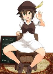Rule 34 | 1girl, brown footwear, brown hair, carpet, dress, feathers, green eyes, haruhisky, hat, hat ornament, highres, octopath traveler, octopath traveler i, ok sign, open mouth, price list, shoes, short dress, short hair, sitting, solo, tressa (octopath traveler), wooden chair