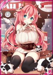 Rule 34 | 1girl, animal ears, animal print, bare shoulders, black panties, boots, breasts, collaboration, cow, cow ears, cow horns, cow print, cow tail, green eyes, holding hands, horns, large breasts, looking at viewer, milk, milk churn, nou (nounknown), official art, panties, pink hair, seiza, shinkai no valkyrie, shinki kakusei melty maiden, sign, sitting, sleeveless, sleeveless sweater, sweater, tail, thighhighs, turtleneck, turtleneck sweater, underwear