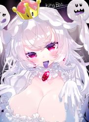 Rule 34 | 1girl, blush, boo (mario), breasts, bridal veil, brooch, cleavage, collarbone, colored tongue, crown, dress, earrings, frilled dress, frilled gloves, frills, ghost pose, gloves, hair between eyes, highres, jewelry, large breasts, long hair, looking at viewer, luigi&#039;s mansion, mario (series), new super mario bros. u deluxe, nintendo, open mouth, princess king boo, puffy short sleeves, puffy sleeves, purple eyes, purple tongue, sakurato remi, sharp teeth, short sleeves, super crown, teeth, tongue, tongue out, upper body, veil, white dress, white gloves, white hair
