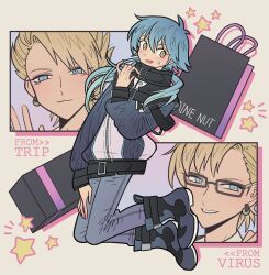 Rule 34 | 3boys, :3, bag, blonde hair, blue eyes, blue hair, blue jacket, blue pants, box, character name, dramatical murder, earrings, full body, gift, gift box, glasses, hand on own leg, hand up, highres, jacket, jewelry, long hair, long sleeves, looking at viewer, male focus, meremero, multiple boys, open mouth, pants, seragaki aoba, shopping bag, short hair, smile, spiked hair, star (symbol), sweatdrop, trip (dramatical murder), virus (dramatical murder), yellow eyes